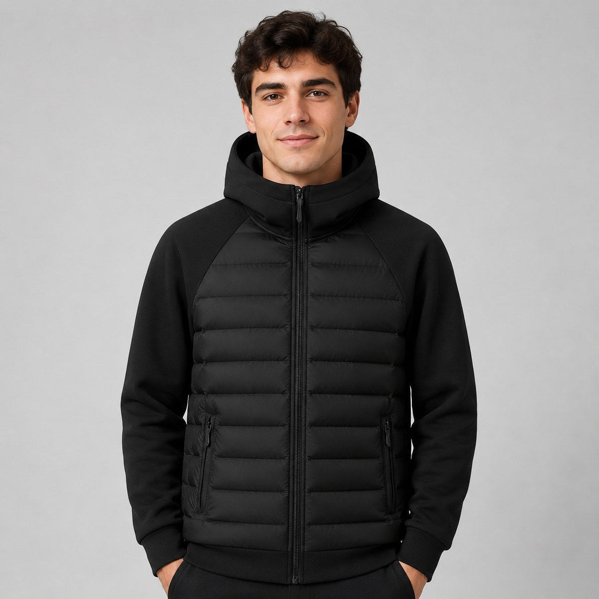Kyle | Men's Hooded Down Jacket with Quilted Panels, Insulated Autumn Coat | Animated Apparel | Black