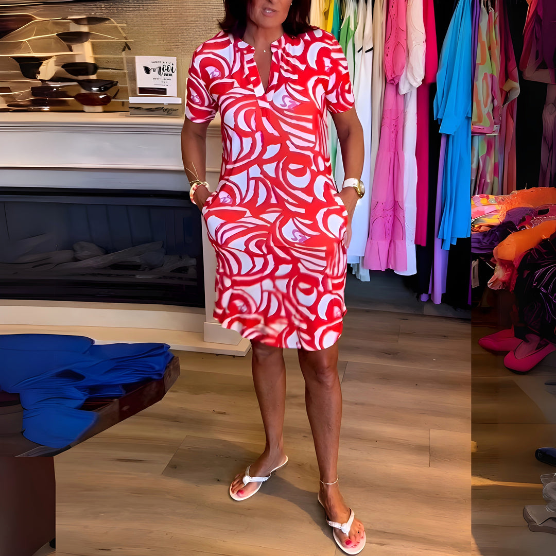 Lainey | Women's Short Sleeve V-Neck Knee-Length Dress - Rood