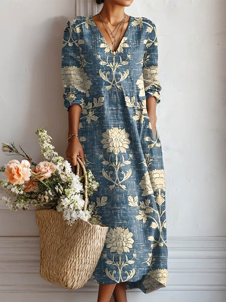 Lauren | Women's Boho Linen Floral Midi Dress - image 1