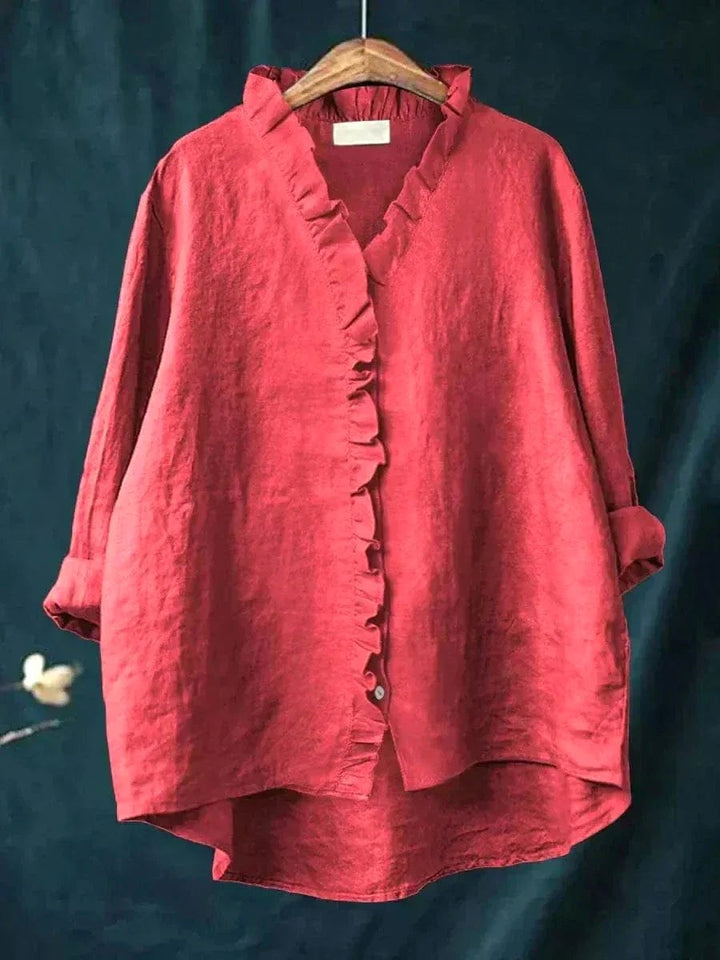 Lauren | Women's Linen Blouse with Ruffle Trim - Red