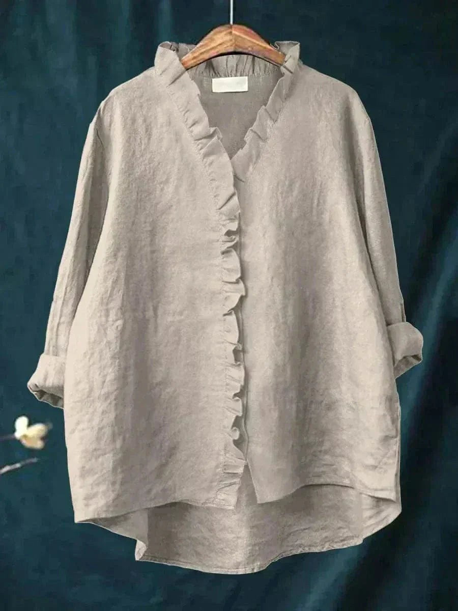 Lauren | Women's Linen Blouse with Ruffle Trim - Gray