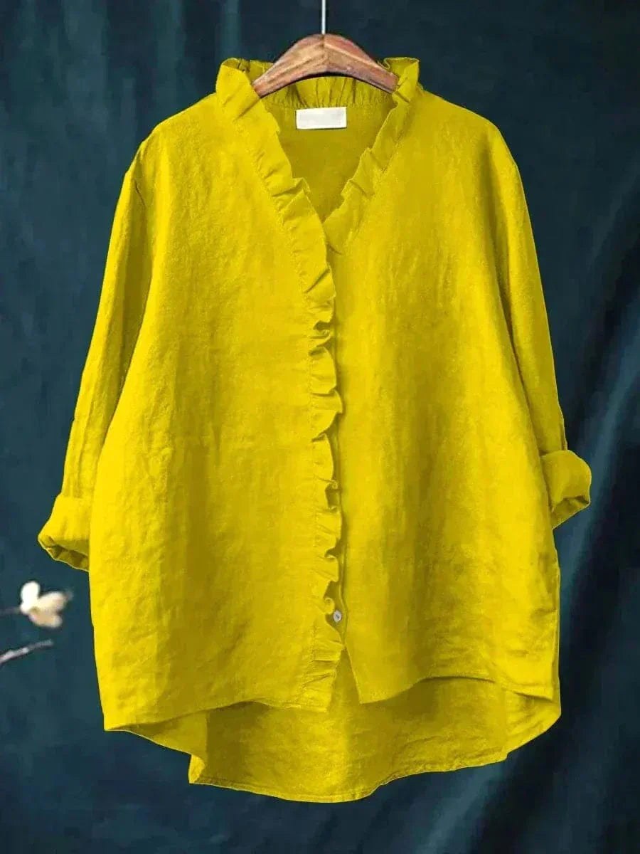 Lauren | Women's Linen Blouse with Ruffle Trim - Yellow