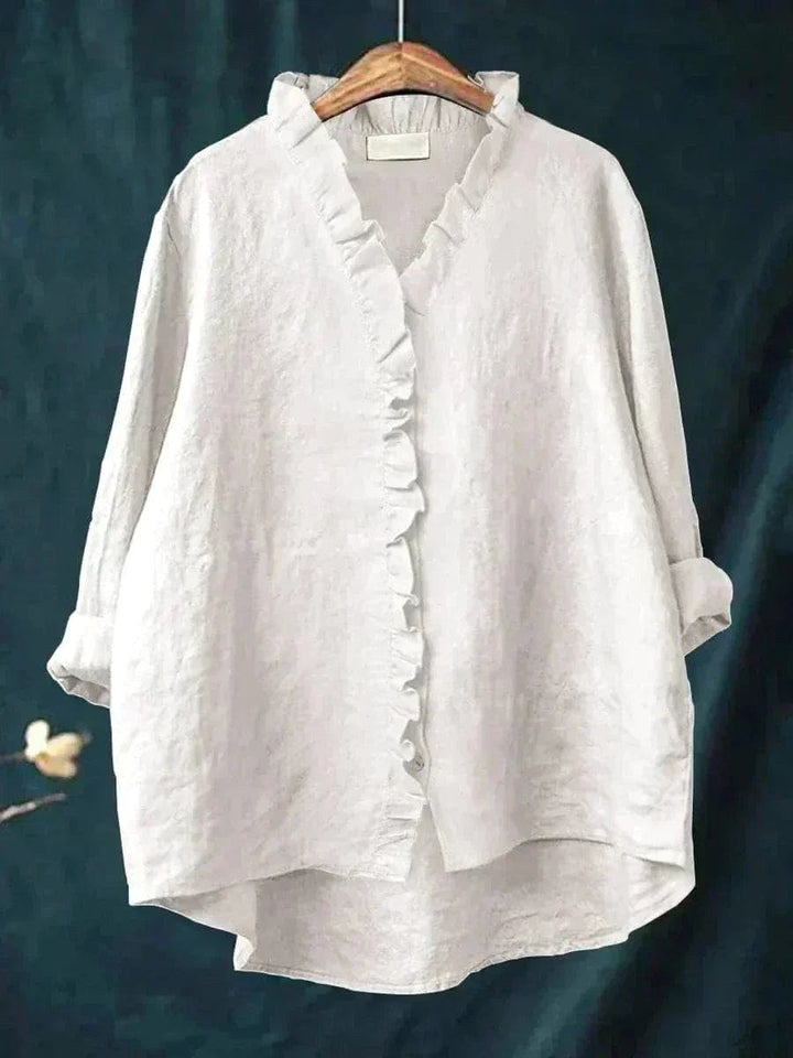 Lauren | Women's Linen Blouse with Ruffle Trim - White