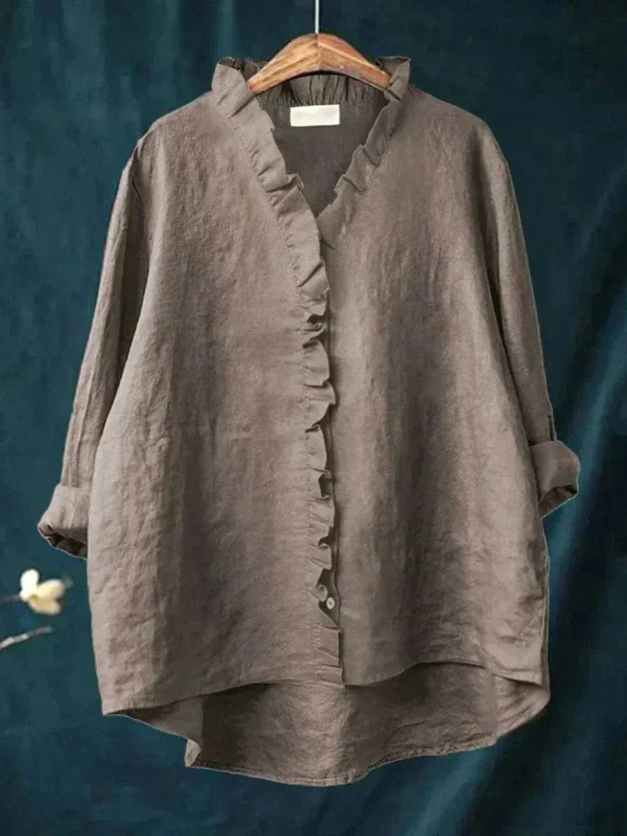 Lauren | Women's Linen Blouse with Ruffle Trim - Dark Gray