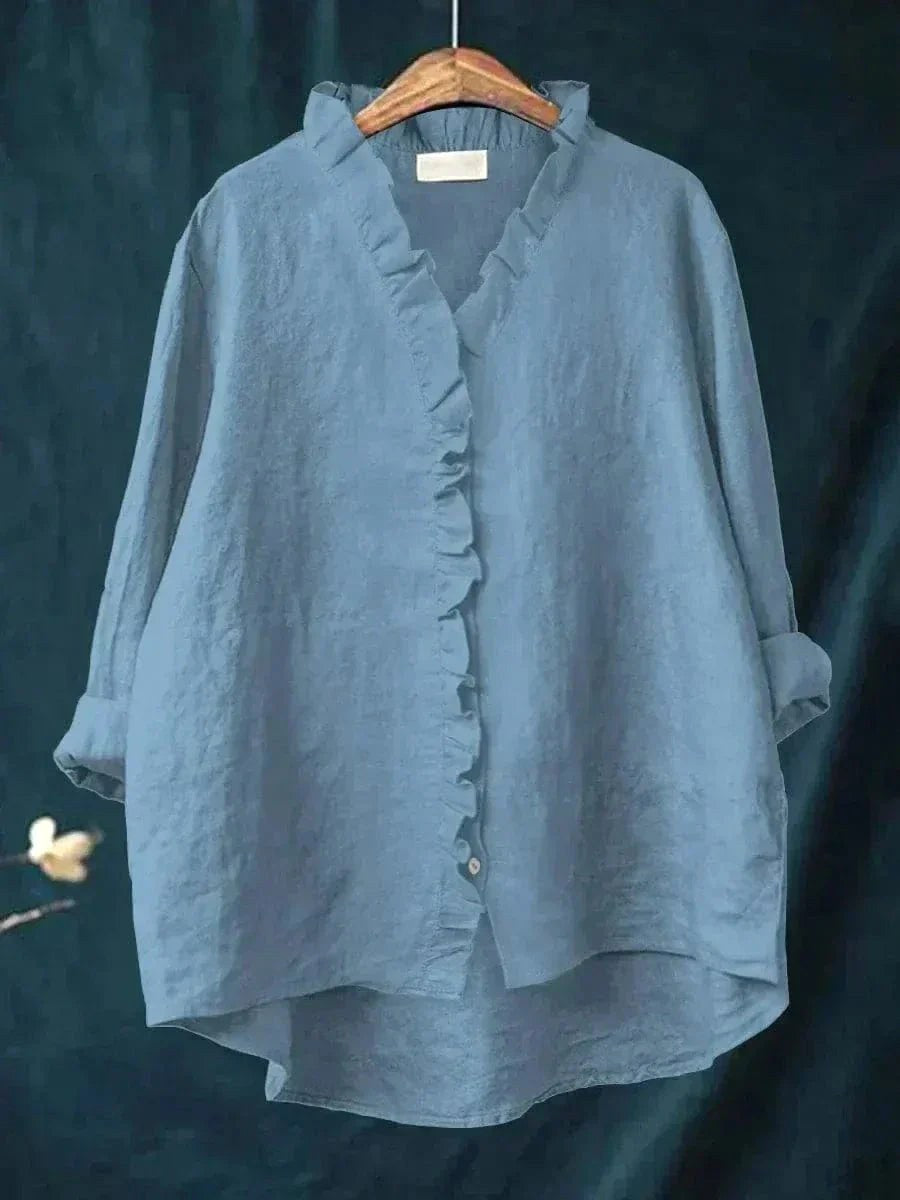 Lauren | Women's Linen Blouse with Ruffle Trim - Blue