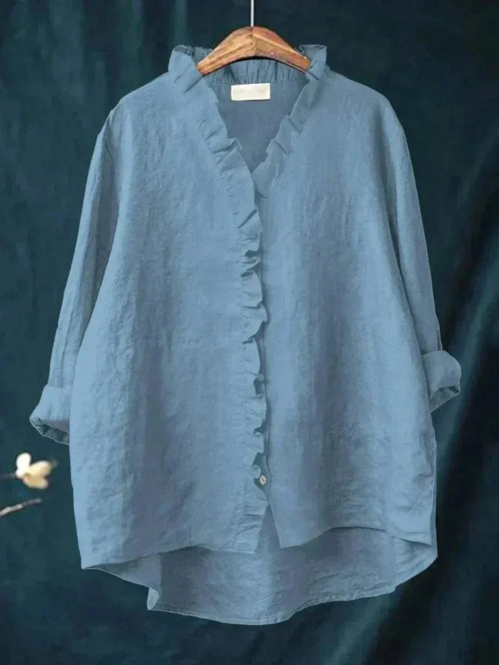 Lauren | Women's Linen Blouse with Ruffle Trim - Blue
