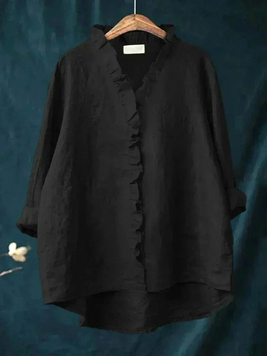 Lauren | Women's Linen Blouse with Ruffle Trim - Black