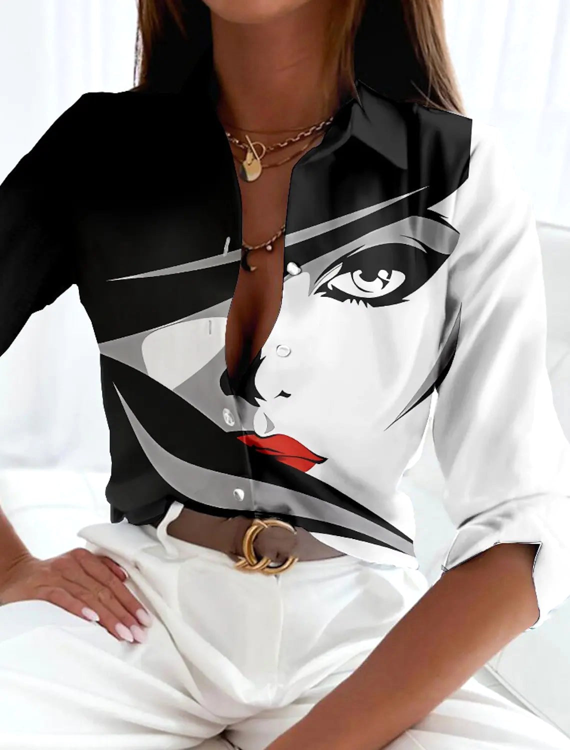 Lauren | Women's Printed Short Sleeve Blouse - Black White