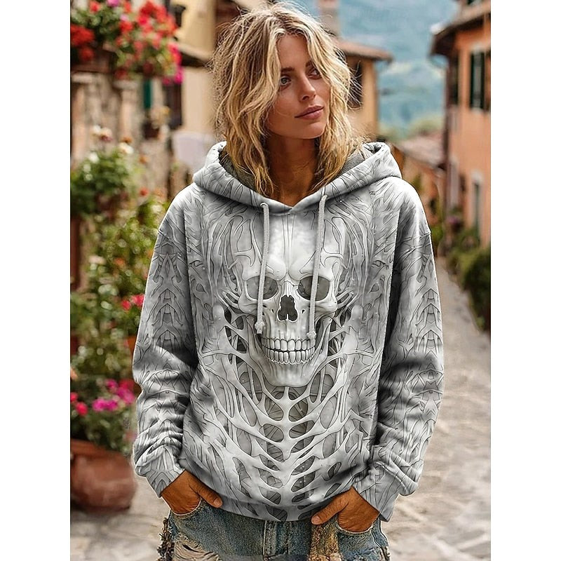 Lauren | Women's Skull Graphic Hoodie, Relaxed Fit Halloween Sweatshirt | Animated Apparel | Gray