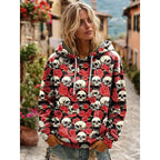 Lauren | Women's Skull Graphic Hoodie, Relaxed Fit Halloween Sweatshirt | Animated Apparel | Red