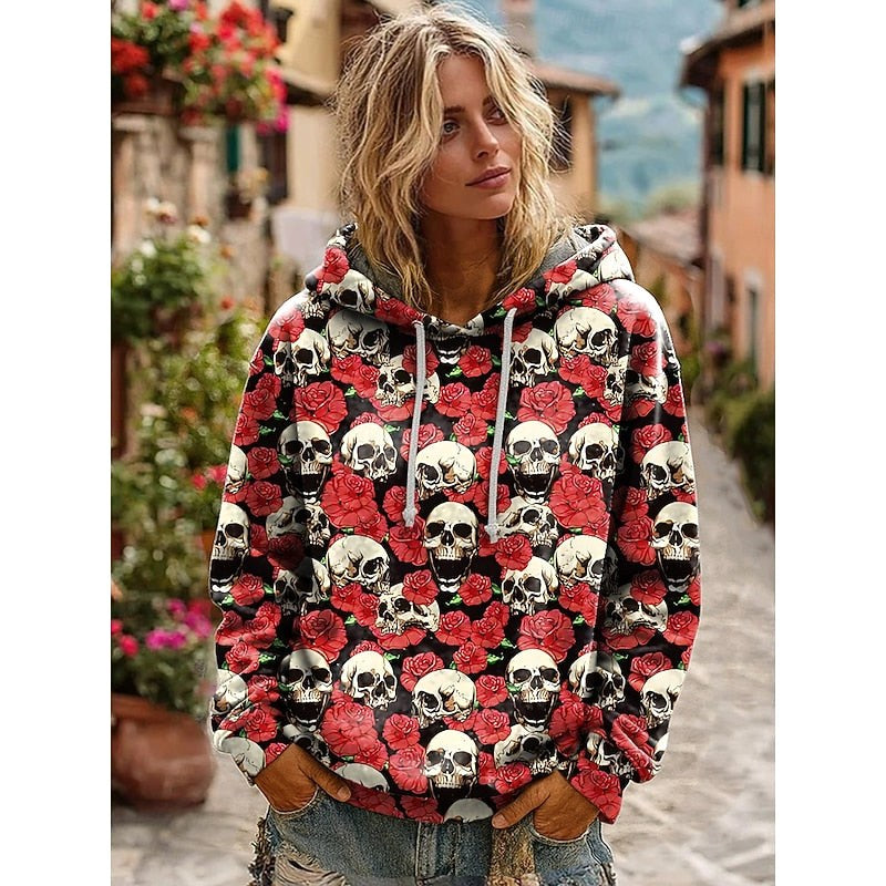 Lauren | Women's Skull Graphic Hoodie, Relaxed Fit Halloween Sweatshirt | Animated Apparel | Red