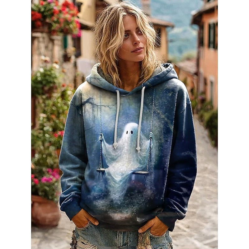Lauren | Women's Skull Graphic Hoodie, Relaxed Fit Halloween Sweatshirt | Animated Apparel | Blue