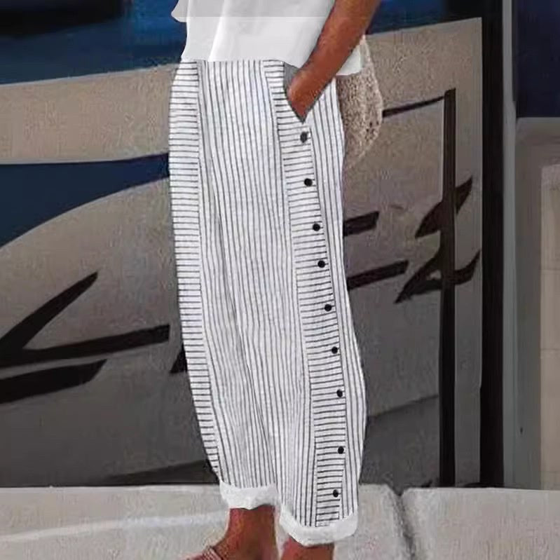 Lauren | Women's Striped Button-Accent Pants - Off White