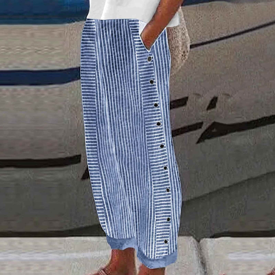 Lauren | Women's Striped Button-Accent Pants - Royal Blue