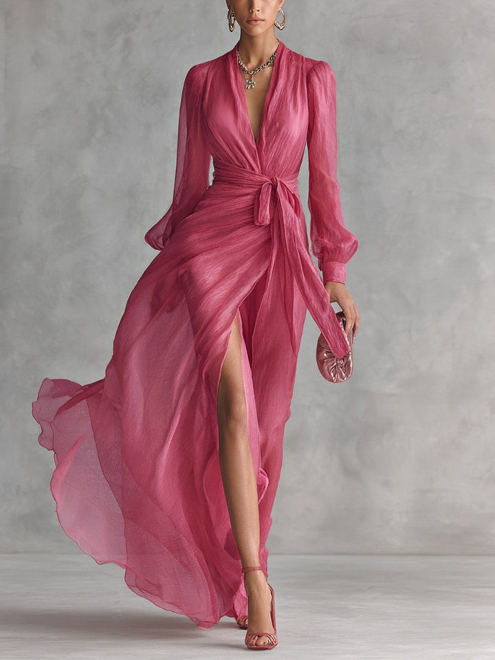 Lauren | Women's V-Neck Tie-Waist Chiffon Maxi Dress - Pink