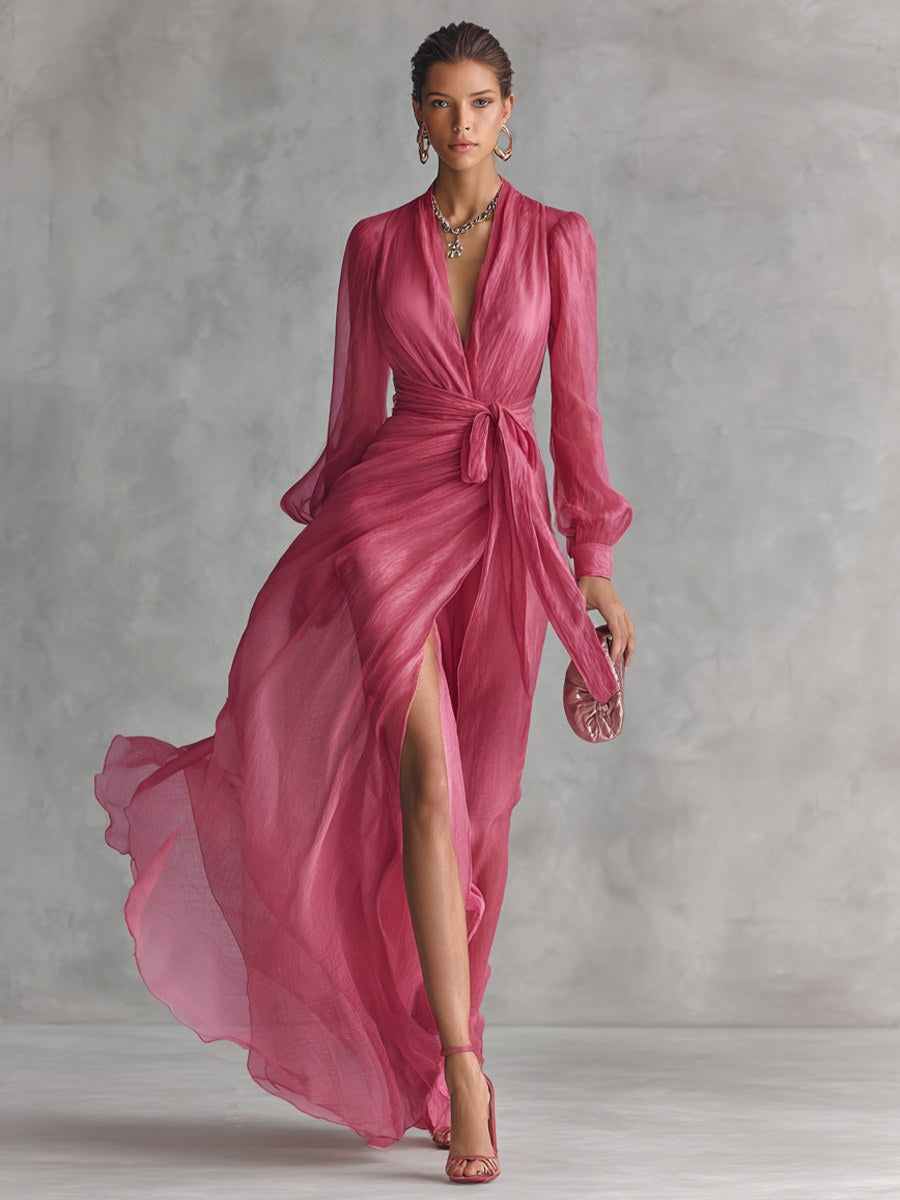 Lauren | Women's V-Neck Tie-Waist Chiffon Maxi Dress - image 2