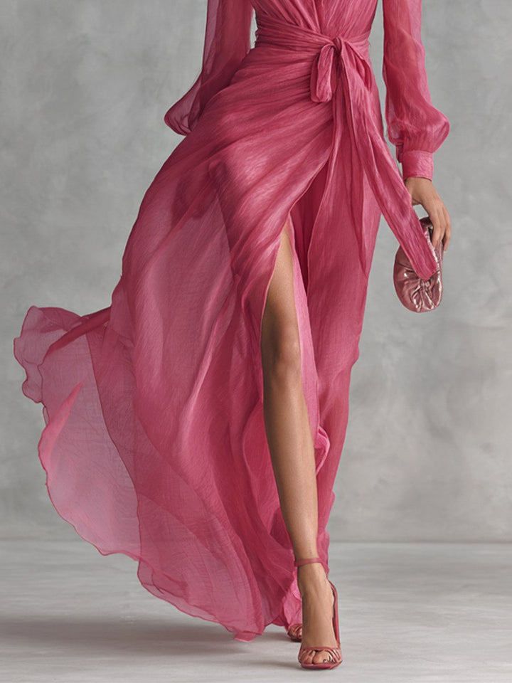 Lauren | Women's V-Neck Tie-Waist Chiffon Maxi Dress - image 4