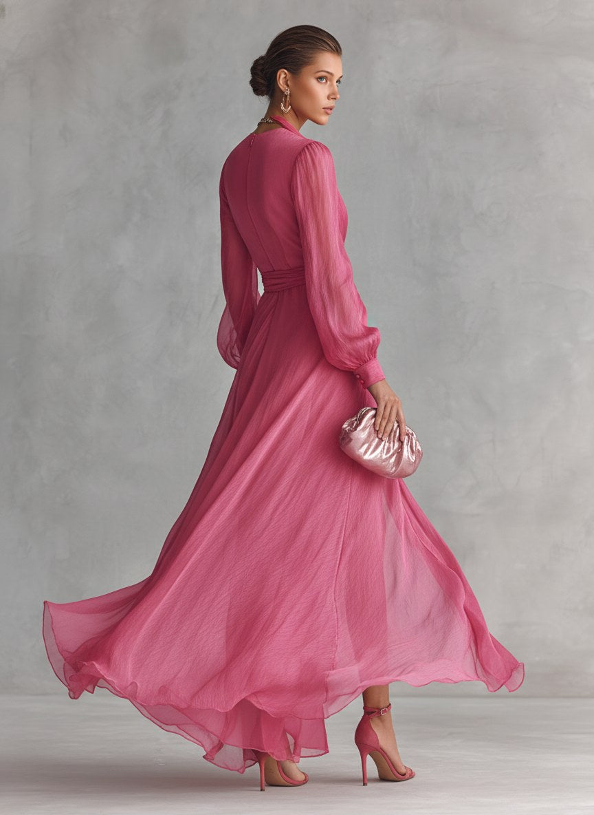 Lauren | Women's V-Neck Tie-Waist Chiffon Maxi Dress - image 5