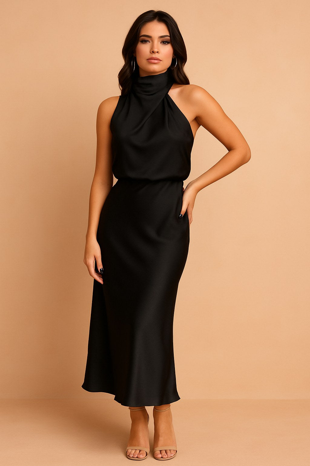 Lena | Women's Draped-Neckline Midi Dress, Elegant Occasion Dress | Animated Apparel