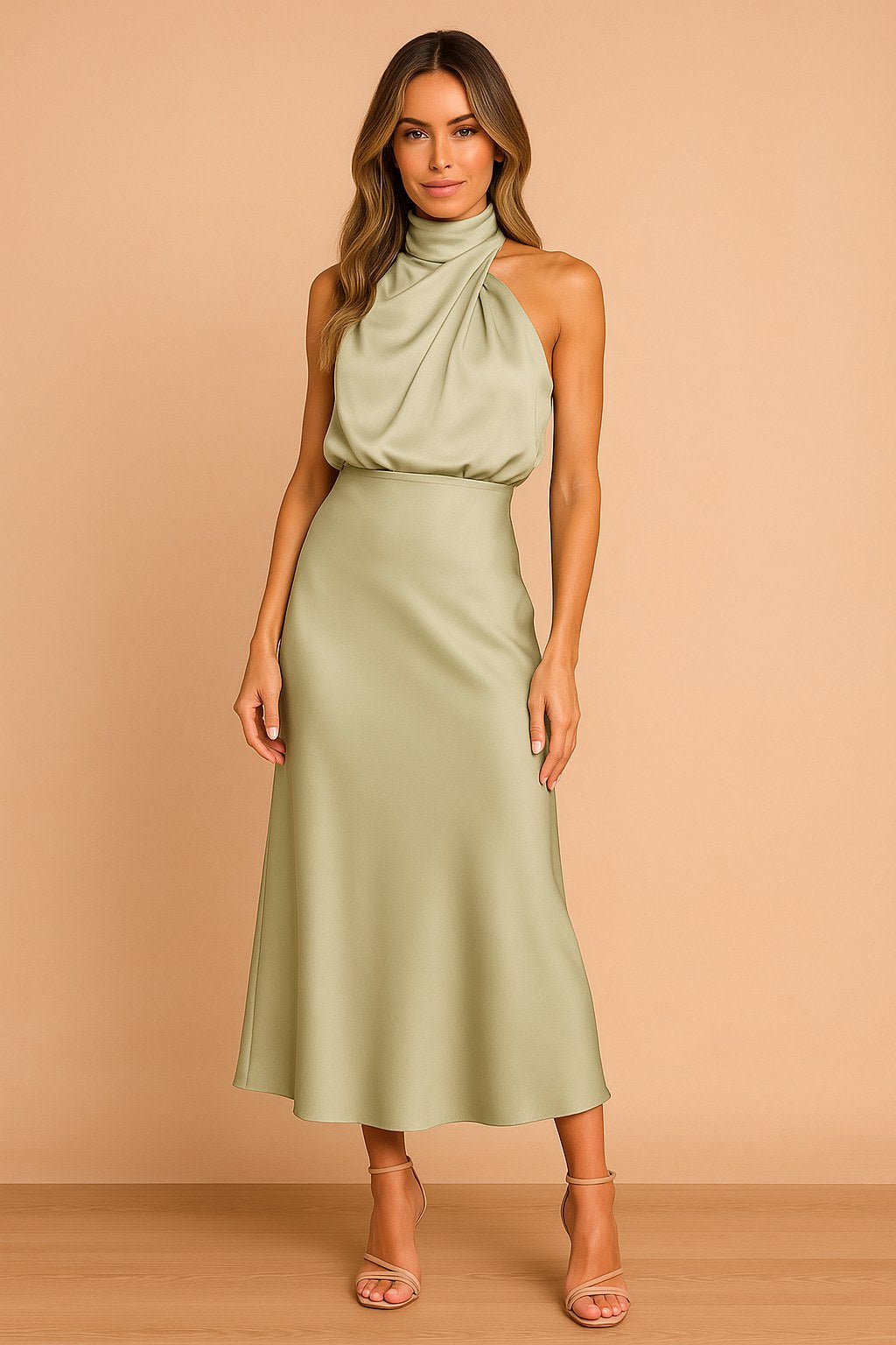 Lena | Women's Draped-Neckline Midi Dress, Elegant Occasion Dress | Animated Apparel