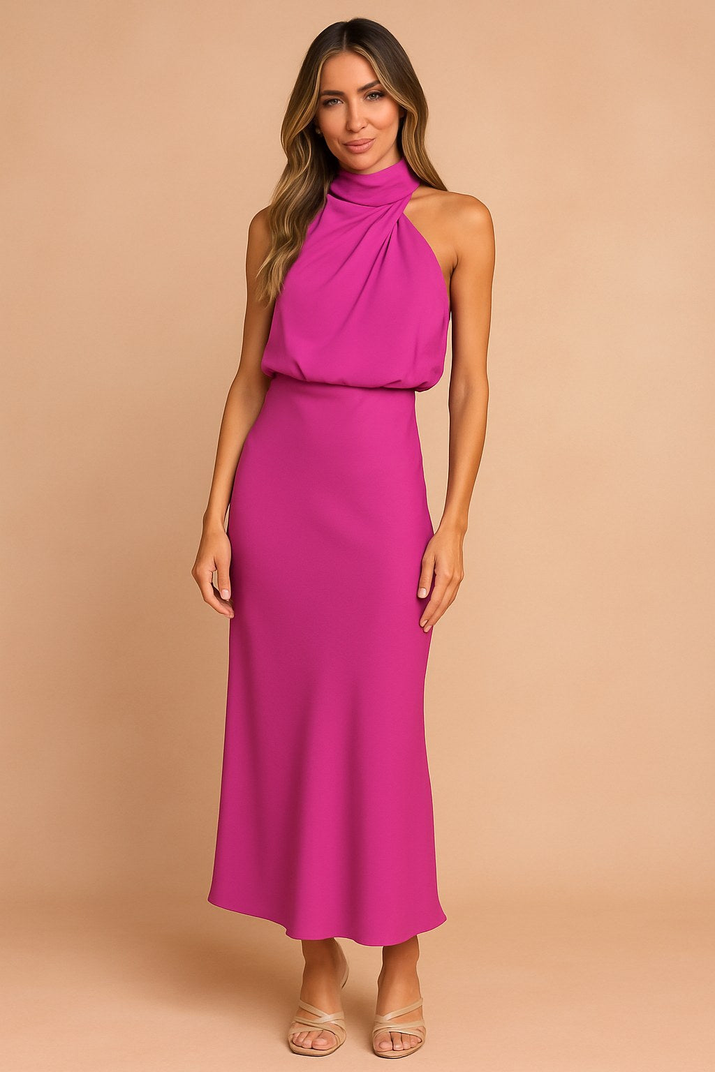 Lena | Women's Draped-Neckline Midi Dress, Elegant Occasion Dress | Animated Apparel