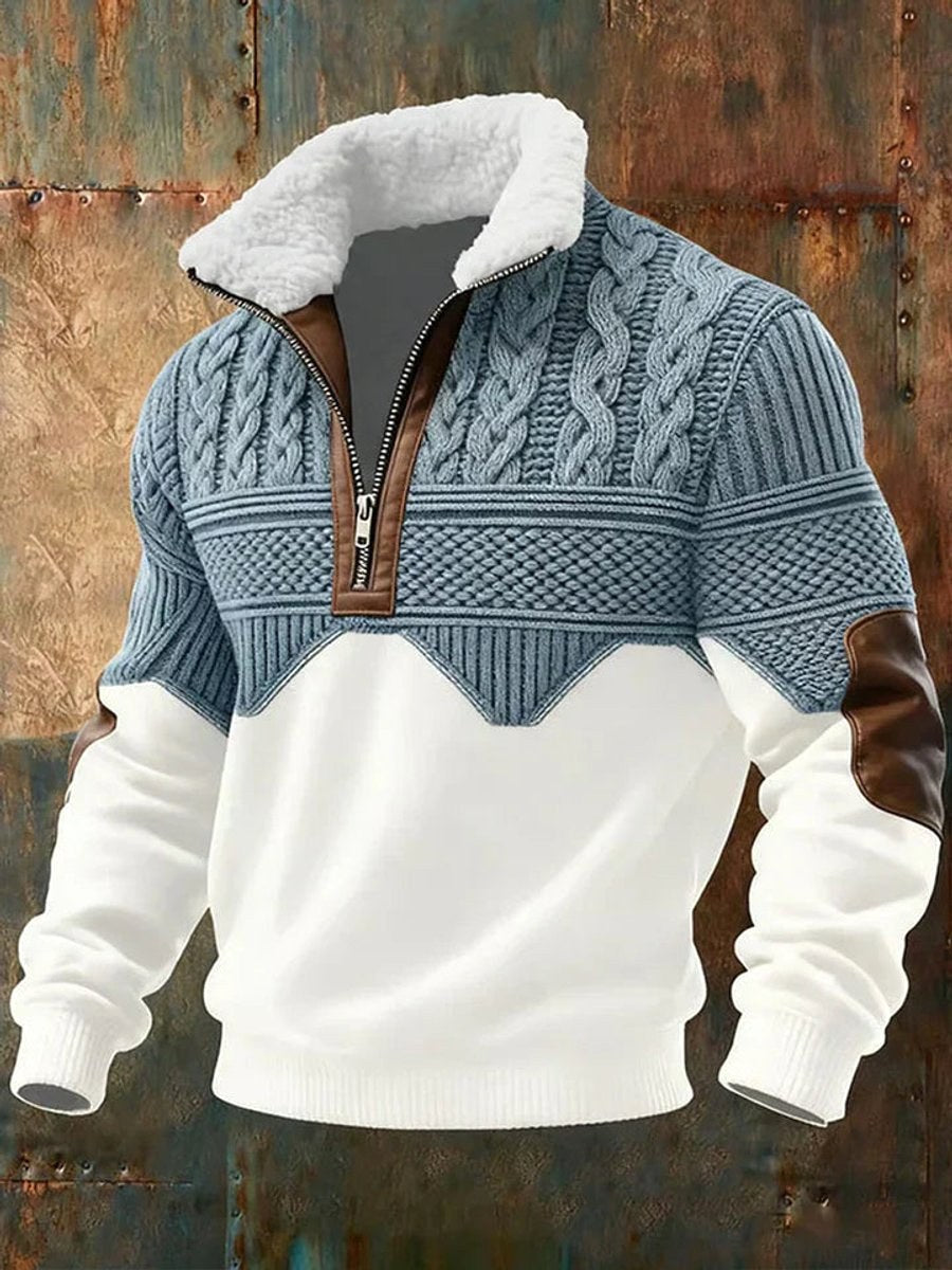 Theo | Men's Two-Tone Cable Knit Jumper, Half-Zip Wool-Blend Jumper | Animated Apparel | Light Blue/White