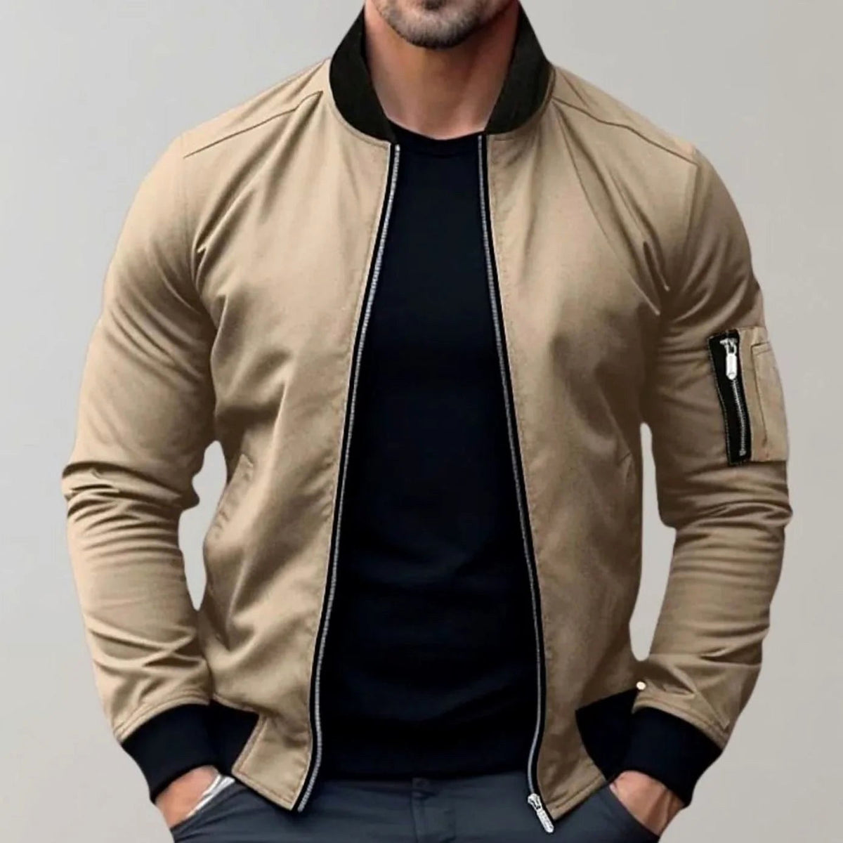 Liam | Men's Slim-Fit Bomber Jacket, Ribbed Collar Jacket | Animated Apparel | Khaki