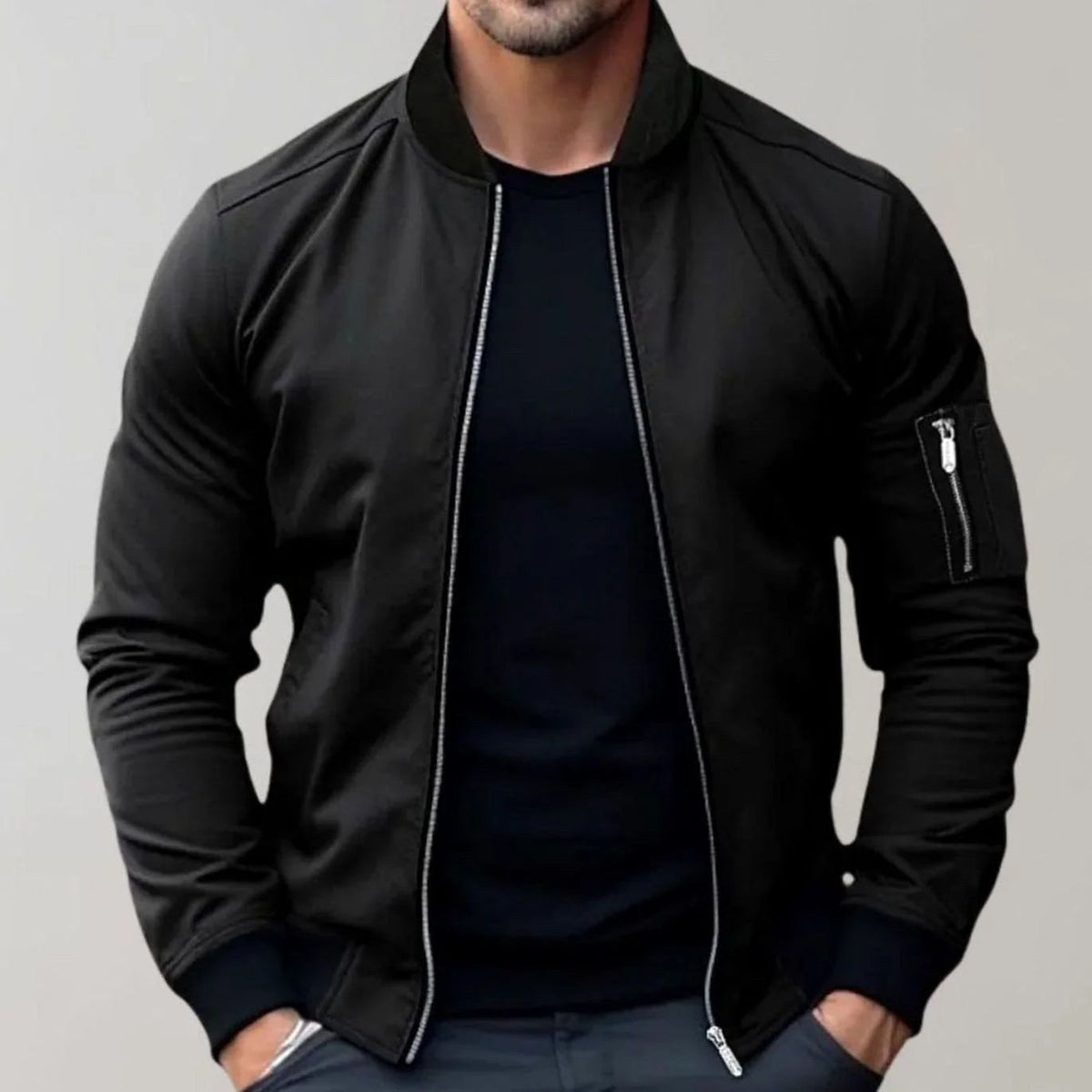 Liam | Men's Slim-Fit Bomber Jacket, Ribbed Collar Jacket | Animated Apparel | Black