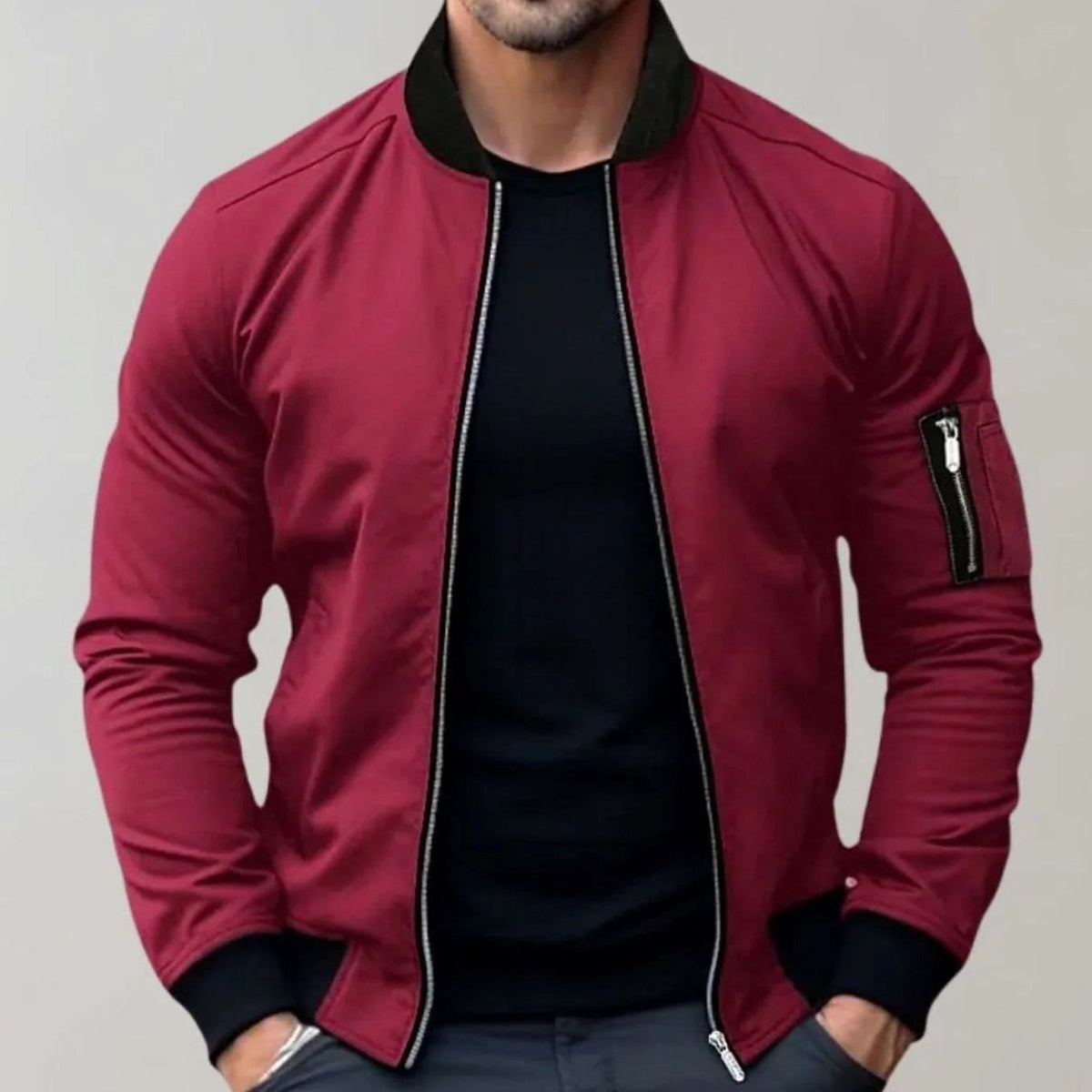 Liam | Men's Slim-Fit Bomber Jacket, Ribbed Collar Jacket | Animated Apparel | Burgundy