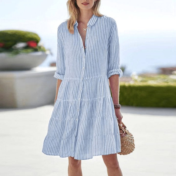 Lily | Women's Linen Striped Collared Midi Dress - Light Blue