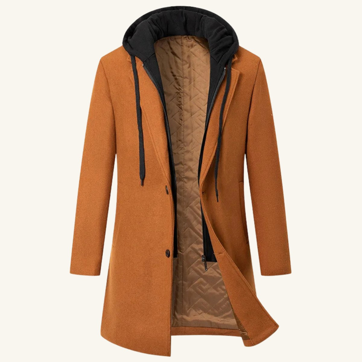 Lincoln | Men's Hooded Wool Overcoat, Quilted Lining Autumn Coat | Animated Apparel