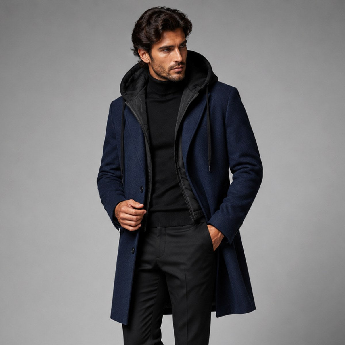 Lincoln | Men's Hooded Wool Overcoat, Quilted Lining Autumn Coat | Animated Apparel