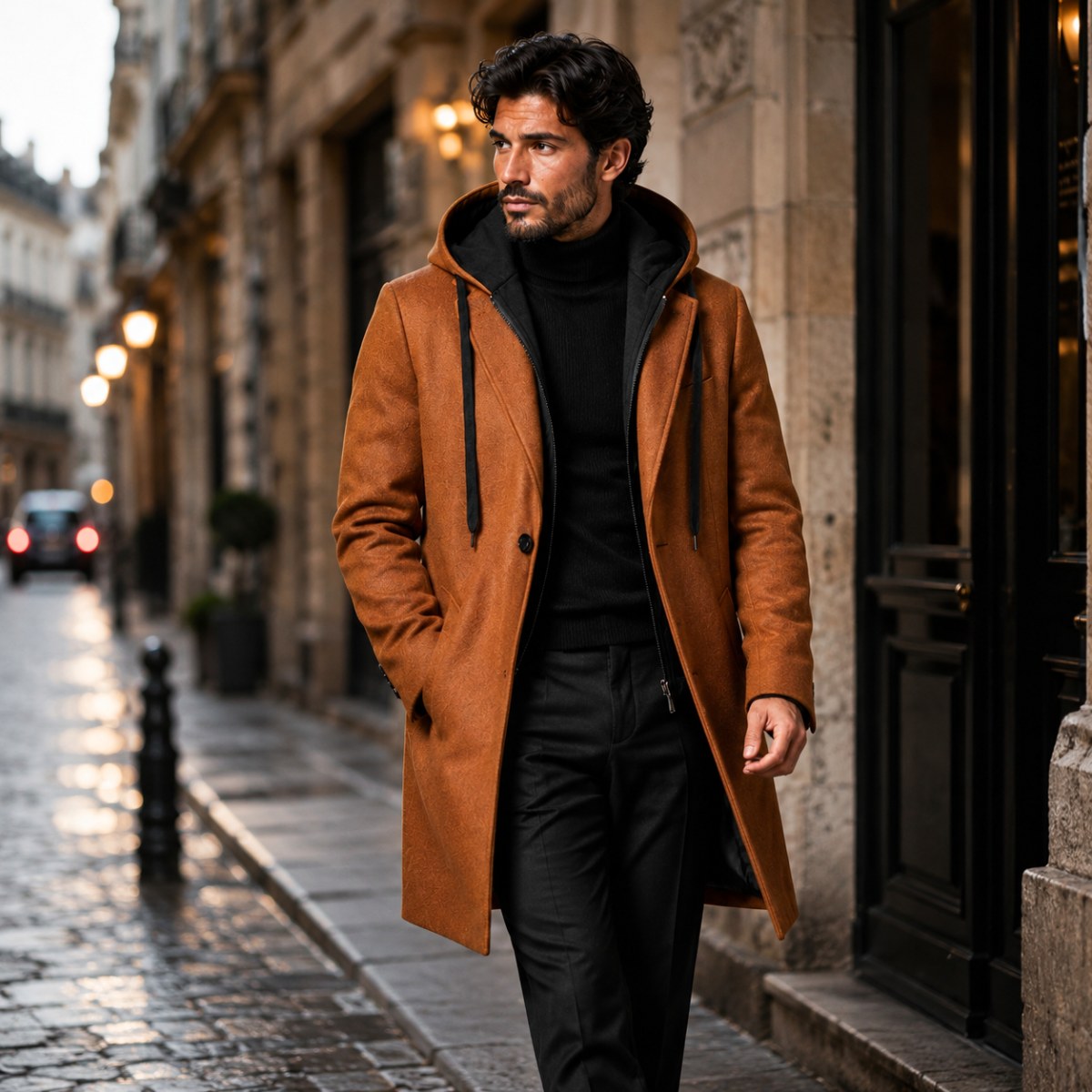 Lincoln | Men's Hooded Wool Overcoat, Quilted Lining Autumn Coat | Animated Apparel