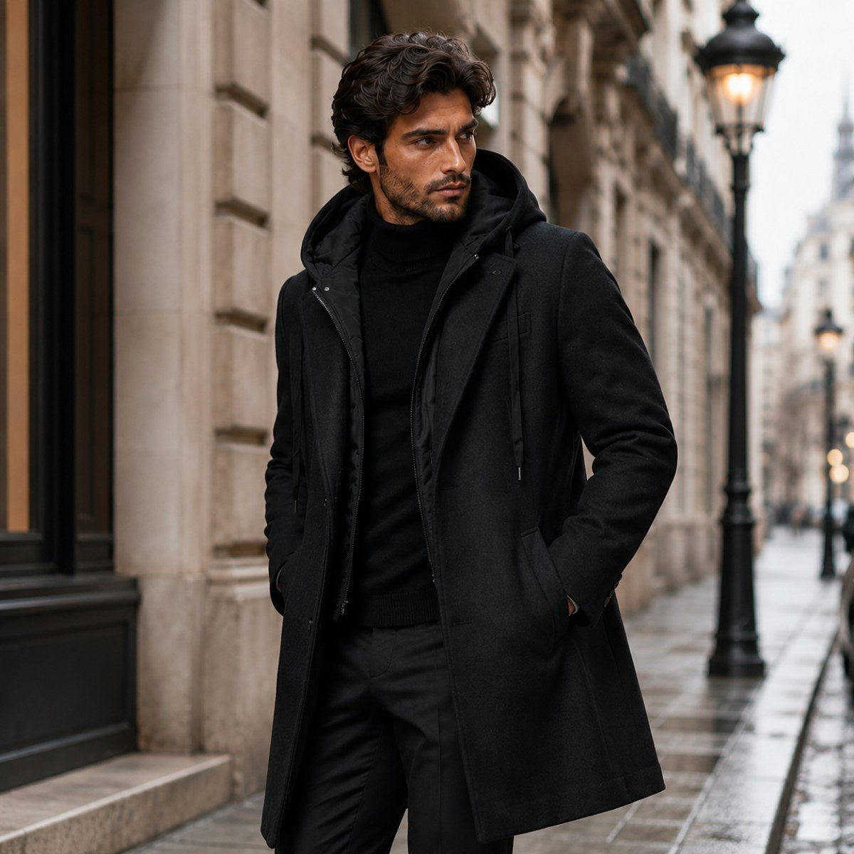 Lincoln | Men's Hooded Wool Overcoat, Quilted Lining Autumn Coat | Animated Apparel
