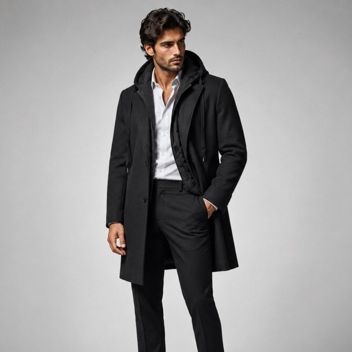 Lincoln | Men's Hooded Wool Overcoat, Quilted Lining Autumn Coat | Animated Apparel