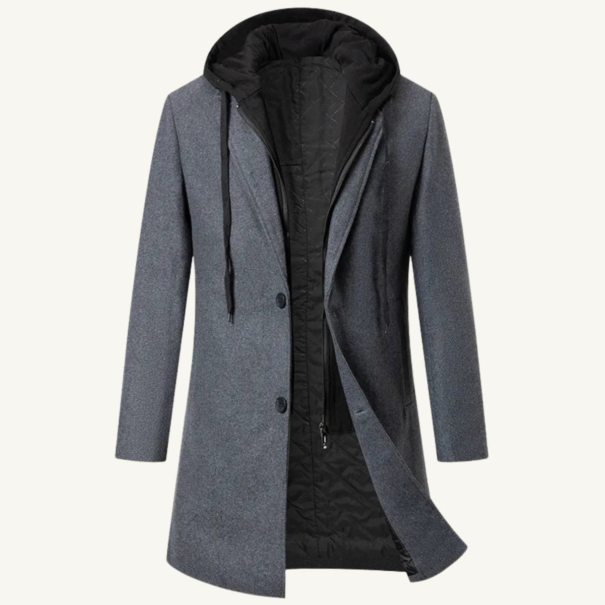 Lincoln | Men's Hooded Wool Overcoat, Quilted Lining Autumn Coat | Animated Apparel
