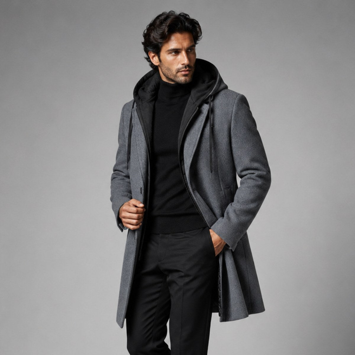 Lincoln | Men's Hooded Wool Overcoat, Quilted Lining Autumn Coat | Animated Apparel