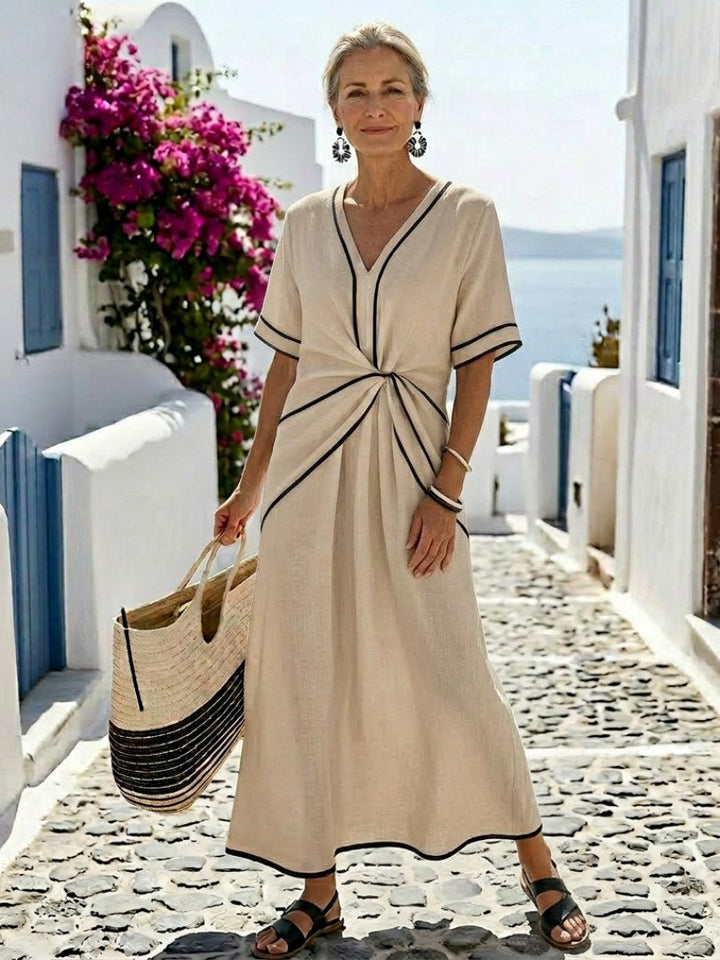 Linnea | Women's V-Neck Short Sleeve Gathered Waist Midi Dress - Pink