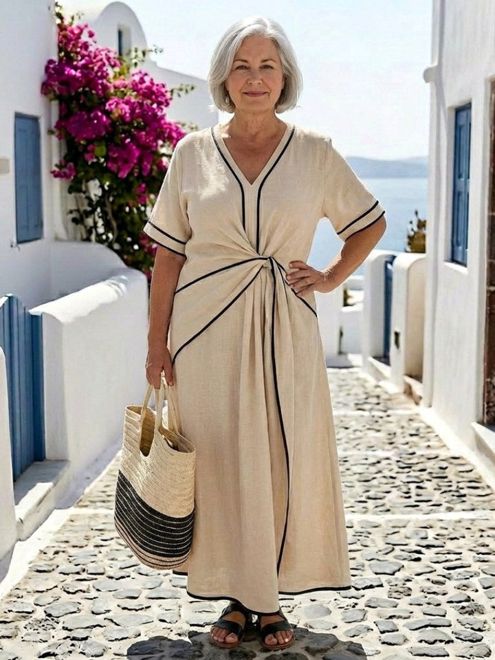Linnea | Women's V-Neck Short Sleeve Gathered Waist Midi Dress - image 5