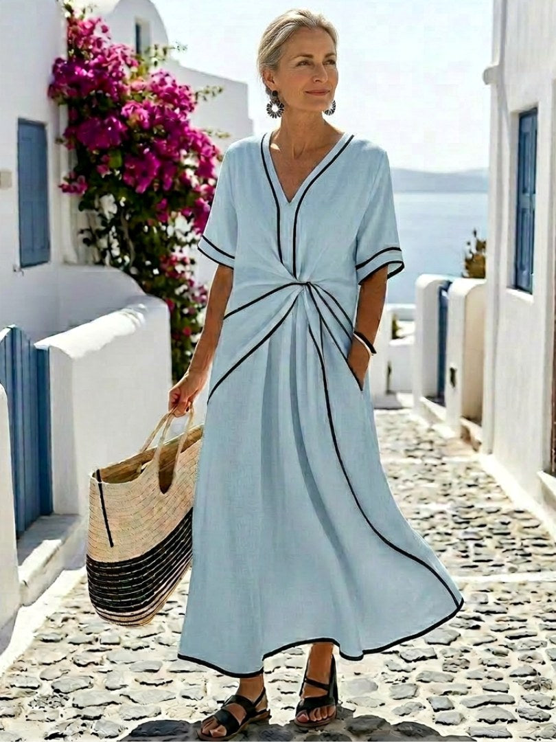 Linnea | Women's V-Neck Short Sleeve Gathered Waist Midi Dress - image 6