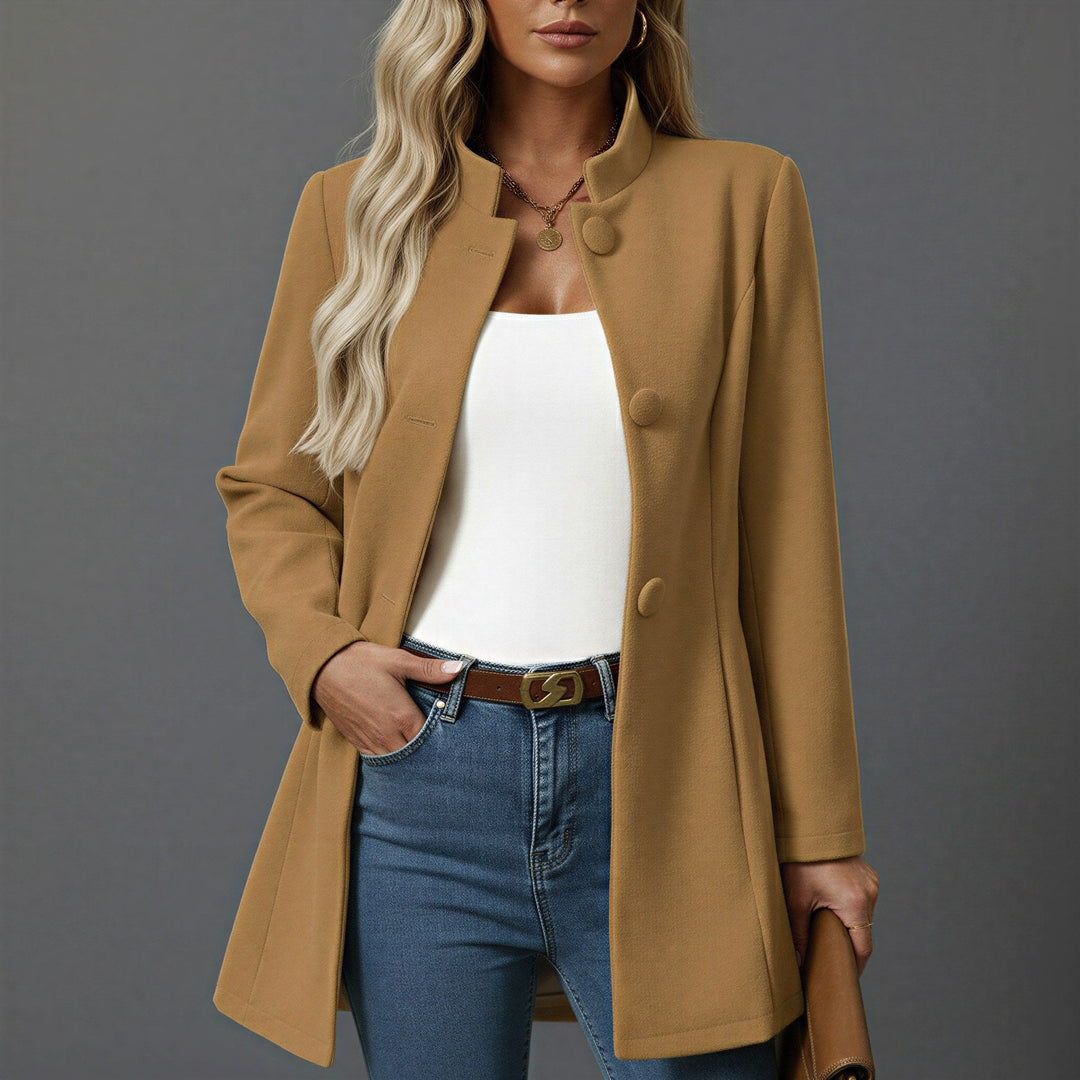 Lorraine | Women's Button Front A-Line Coat, Stand Collar Autumn Coat | Animated Apparel | Camel