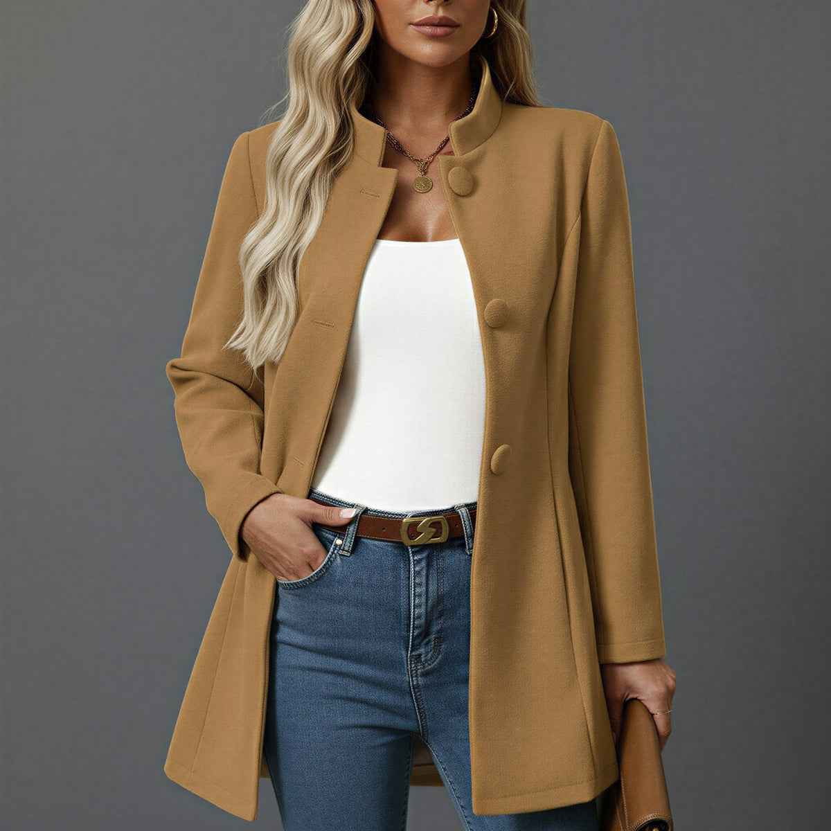 Lorraine | Women's Button Front A-Line Coat, Stand Collar Autumn Coat | Animated Apparel | Camel