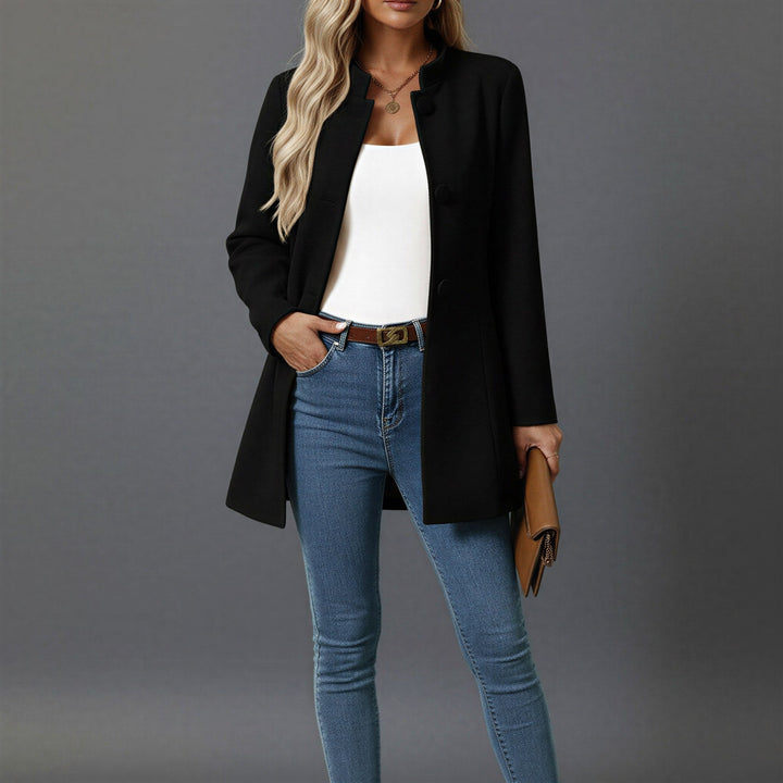 Lorraine | Women's Button Front A-Line Coat, Stand Collar Autumn Coat | Animated Apparel | Gray