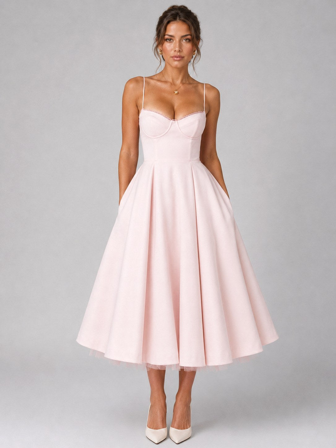 Lucy | Women's Corset Midi Dress with Full Skirt, Sweetheart Neckline Occasion Dress | Animated Apparel | Pink