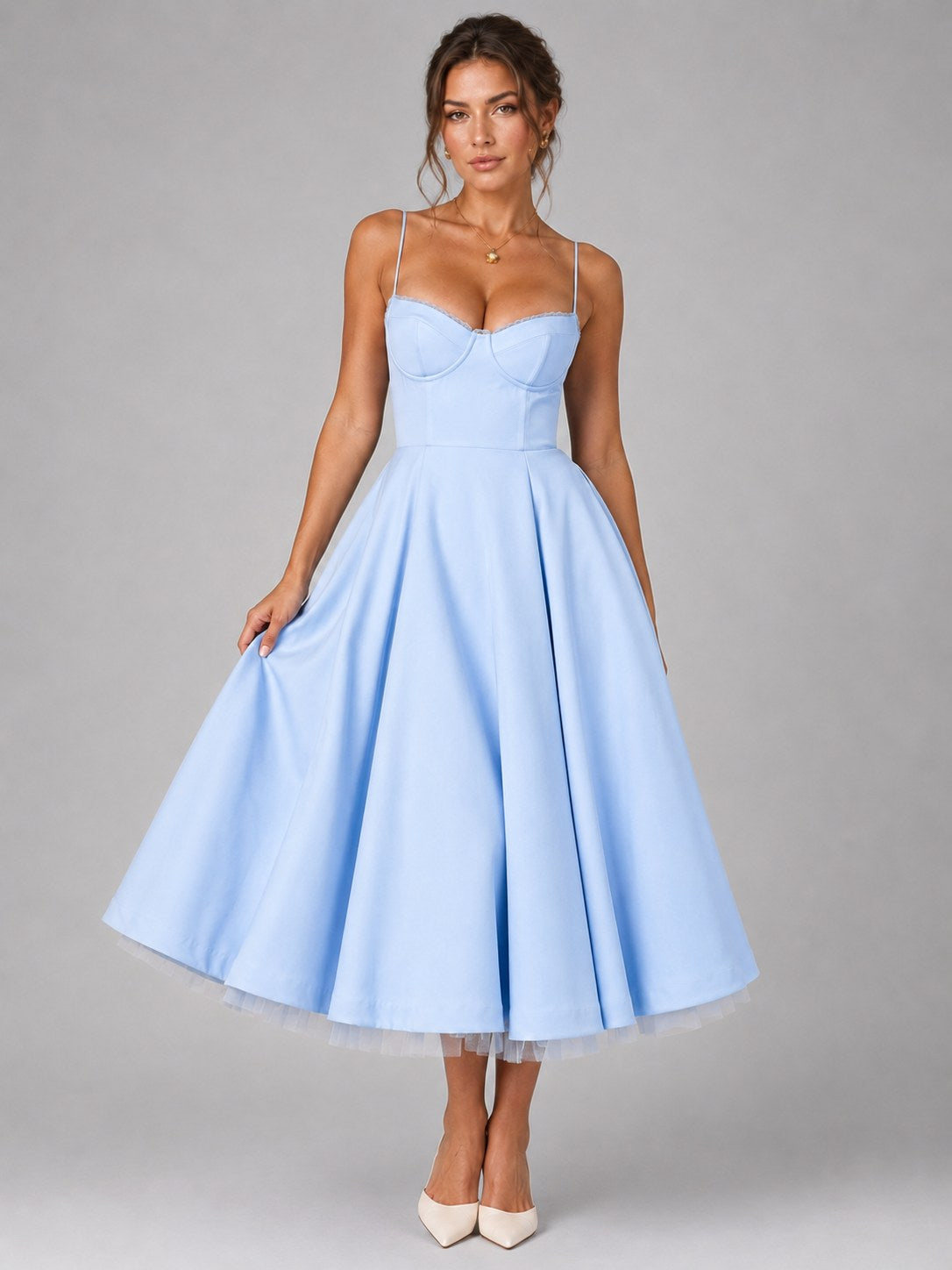 Lucy | Women's Corset Midi Dress with Full Skirt, Sweetheart Neckline Occasion Dress | Animated Apparel | White