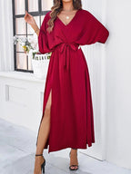 Madelyn | Women's Midi Dress with V-Neckline, Waist-Tie Occasion Dress | Animated Apparel