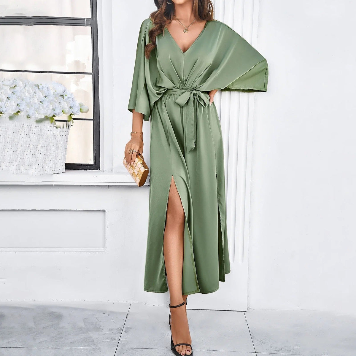 Sophie | Women's V-Neck Midi Dress, Flattering Occasion Dress | Animated Apparel