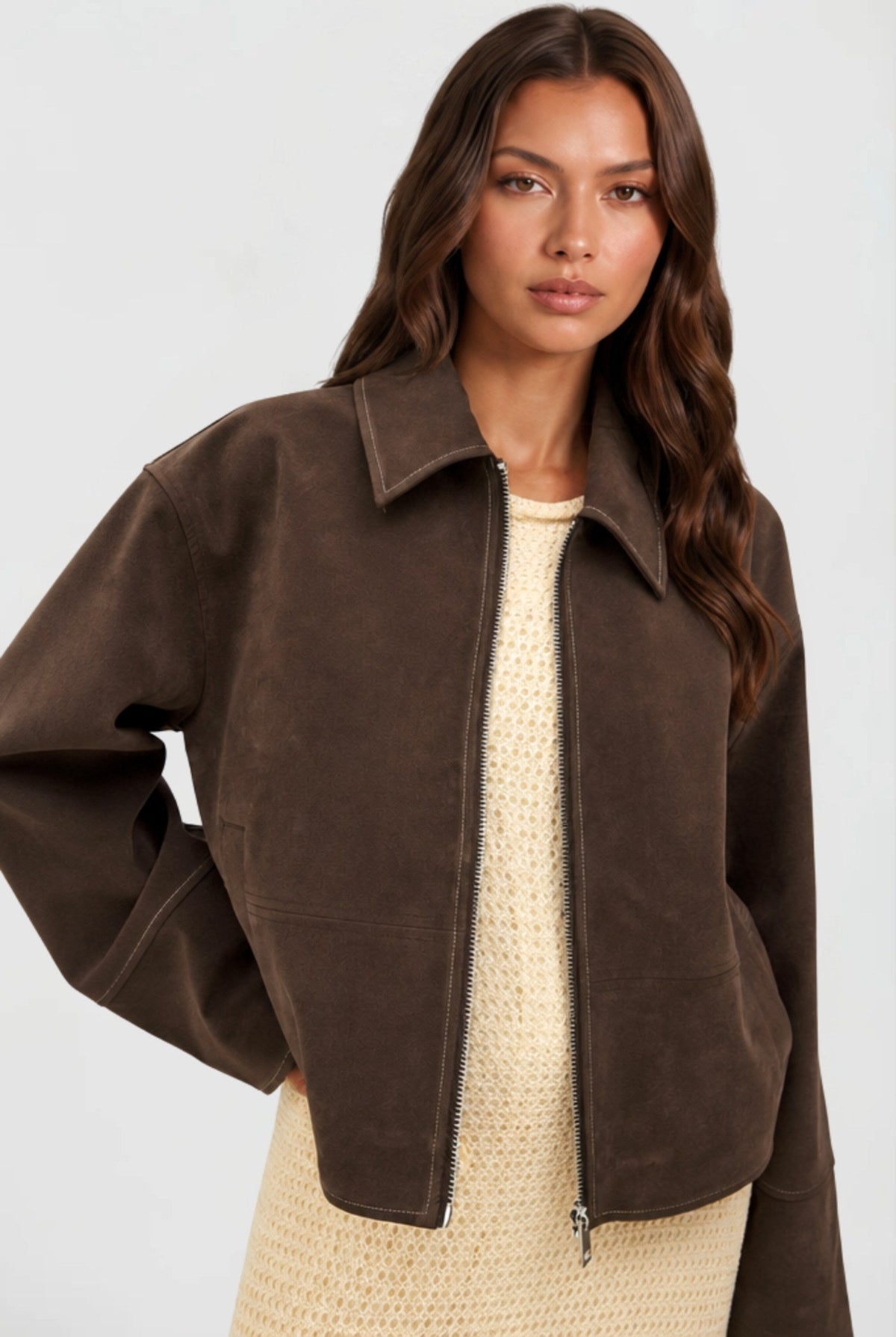Autumn | Women's Short Suede-Effect Jacket, Brown Pointed-Collar Jacket | Animated Apparel | Brown
