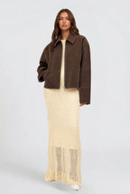 Autumn | Women's Short Suede-Effect Jacket, Brown Pointed-Collar Jacket | Animated Apparel