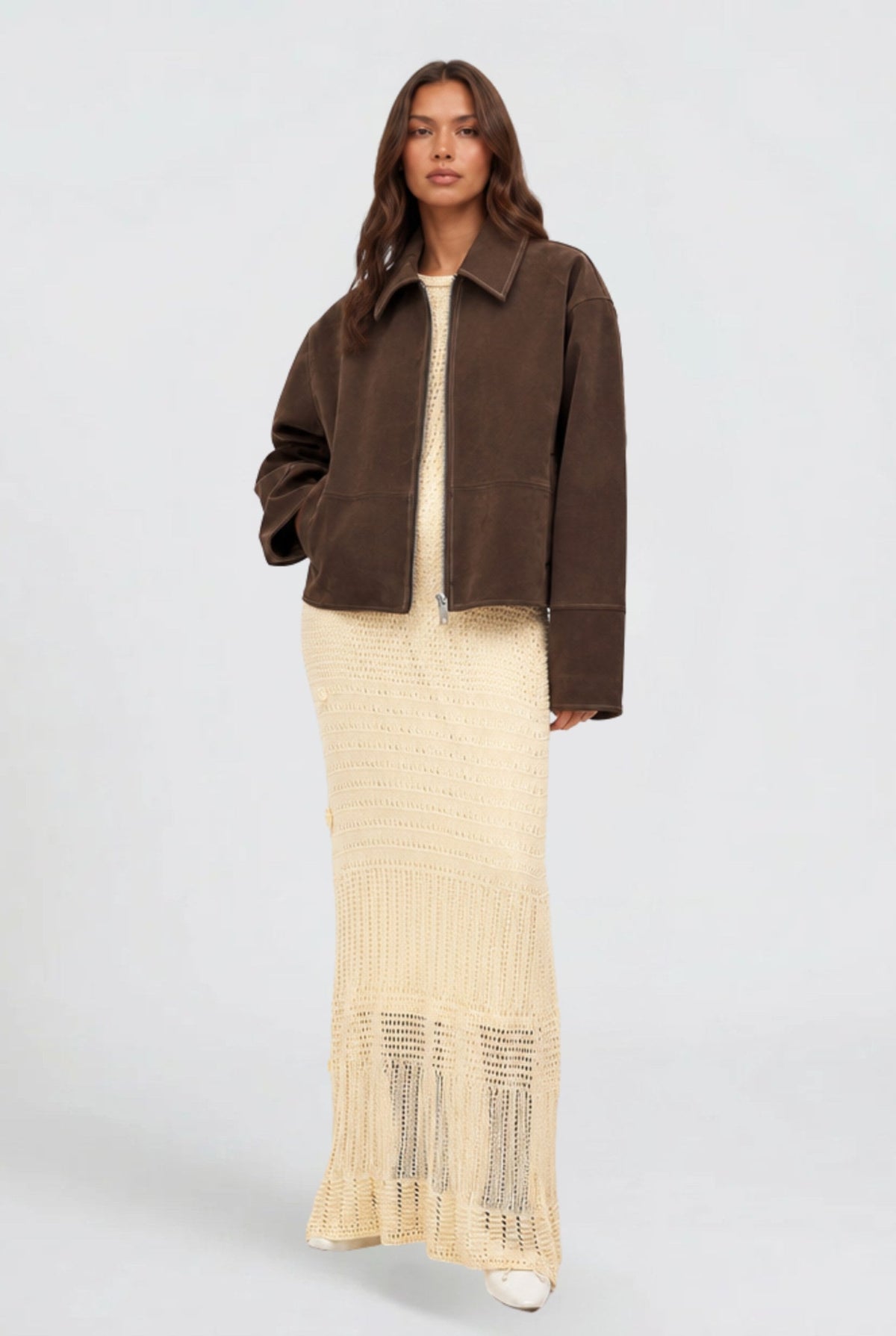 Autumn | Women's Short Suede-Effect Jacket, Brown Pointed-Collar Jacket | Animated Apparel